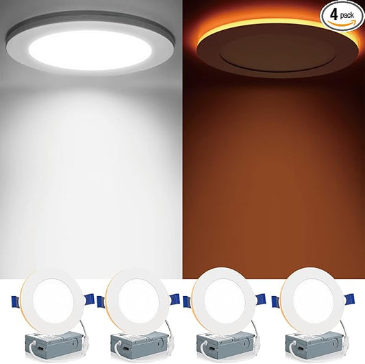 Meconard 4 Pack 4 Inch 5CCT LED Canless Recessed Lighting with Night Light, 2700K/3000K/3500K/4000K/5000K Selectable Ultra-Thin LED Ceiling Lights, 9W=75W, 750LM, Dimmable Wafer Downlight ETL&FCC