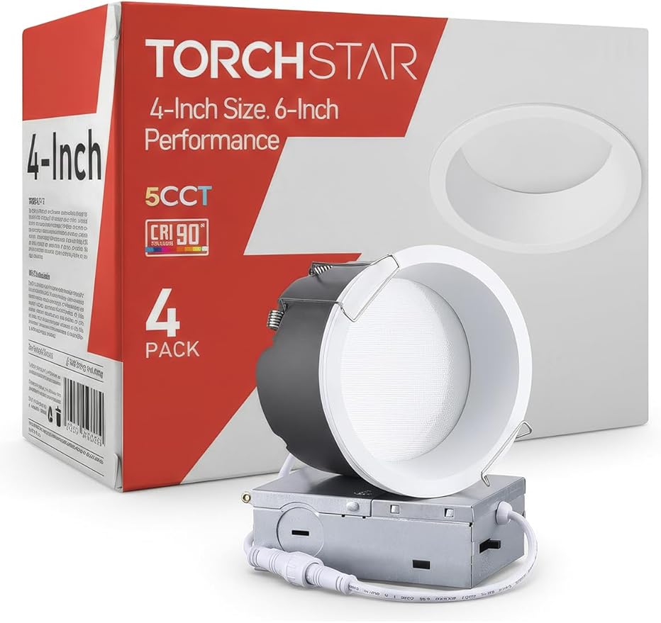 TORCHSTAR 4 Inch 5CCT LED Anti Glare LED Recessed Lights with J-Box, Narrow Trim Recessed Ceiling Light, Deep Trim Canless Downlight, Dimmable, CRI 90, 2700-5000K Selectable, ETL T24 FCC, Pack of 4