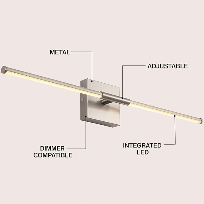 JONATHAN Y 28" Nickel Modern Dimmable Integrated LED Wall Sconce, Minimalist Adjustable Metal Vanity Light for Bathroom Mirror, Bedroom, Hallway, 3000K, ETL Listed (JYL7041E)