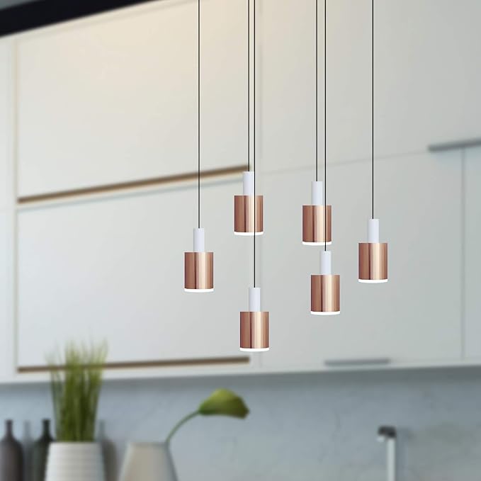 Virgo 6 Mini Pendant Lighting White-Copper - LED Hanging Light Fixture for Kitchen Island, Bar, Foyer - Cluster Pendants - Dimmable, Adjustable Wire, Lamp Bulb Included