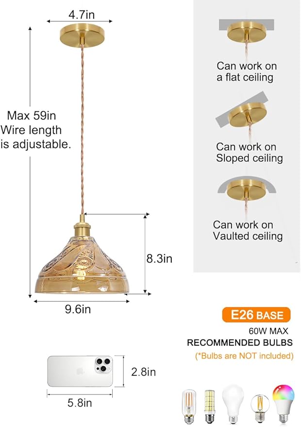 Brushed Gold Pendant Lights Kitchen Island, Vintage Brown Glass Pendant Light, Adjustable Height E26 Socket Light for Kitchen Island, Dining Room,Entryway,Bedroom, Farmhouse Industrial Modern Decor