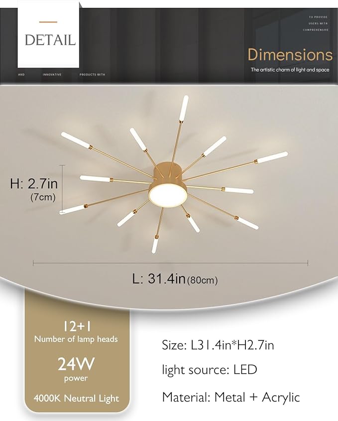 32 Inch LED Ceiling Light Fixture12+1 Lights Modern Flower Flush Mount Ceiling Light 4000K Gold Metal Firework Chandelier for Living Room Dining Room 24W Cascading Ceiling Lamps