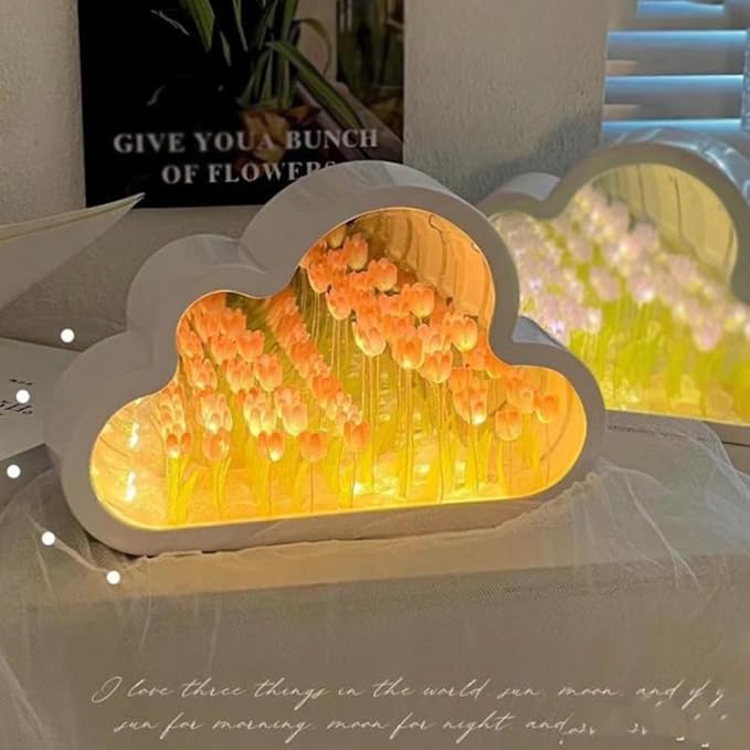 LOGAZOO (20 Flower) Mothers Day Gifts for mom Tulip Lamp Night Light with Mirror, Assembled Artificial Flower Lamp Table Light Bedroom Decoration Gift for Women Girlfriend Sisters Desk Table Decor