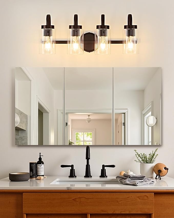 4 Light Bathroom Vanity Light, Black Coffee Vanity Lights for Bathroom, Modern Light Fixtures Over Mirror with Clear Glass Shade, Wall Sconce Lighting for Bedroom