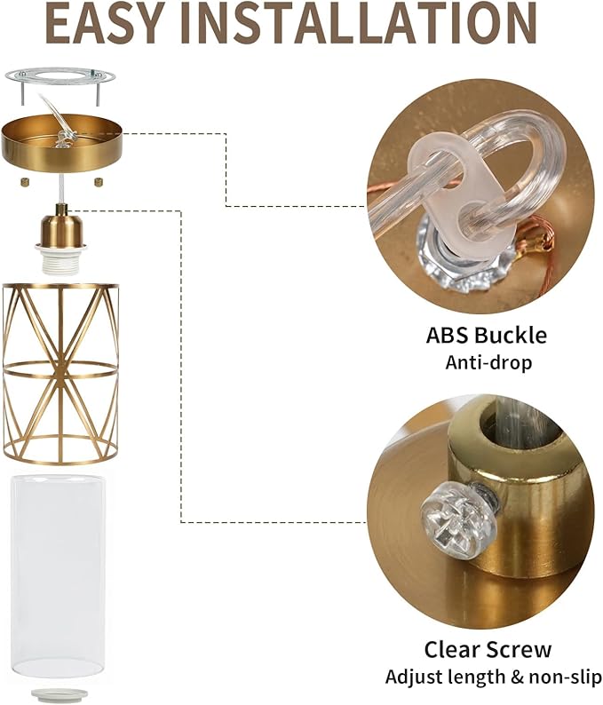 Brushed Gold Pendant Light, 7"×10" Dual-Shade Kitchen Island Lighting with Clear Glass Shade, E26 Adjustable Height 1"-61", UL Listed, for Dining Room Foyer Entryway — Bulbs Not Included