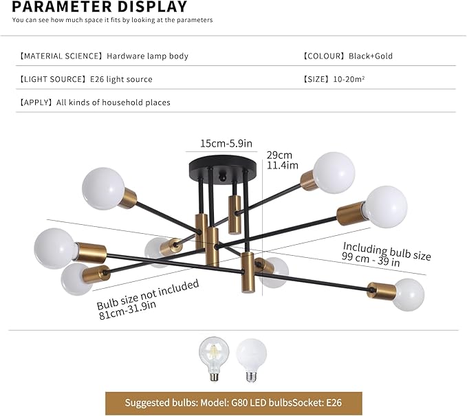 Garwarm 8-Light Black and Gold Sputnik Ceiling Light,Mid Century Semi Flush Mount Sputnik Chandelier Industrial Ceiling Lamp for Kitchen Dining Room Bedroom Foyer Entryway Hallway