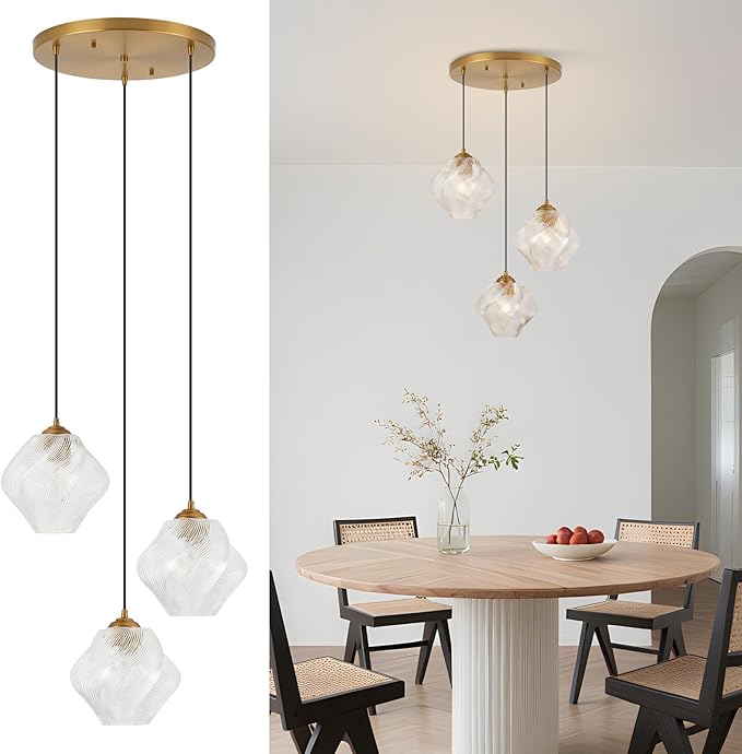 3-Light Cluster Pendant Lights, Mid Century Modern Cluster Chandelier with Ribbed Glass, Brass Gold Pendant Lighting for High Ceiling, Kitchen Island, Staircase, Dining Room, Living Room