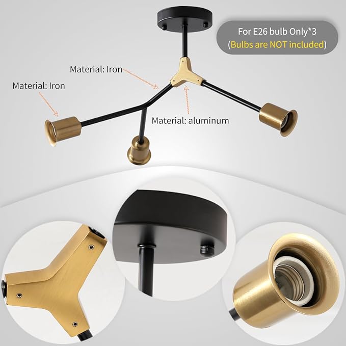 Modern Sputnik Semi Flush Mount Ceiling Light Fixture Gold and Black,Metal Minimalist Mid Century 3 Light Chandelier for Kitchen Dining Room Bedroom Hallway Entryway Foyer