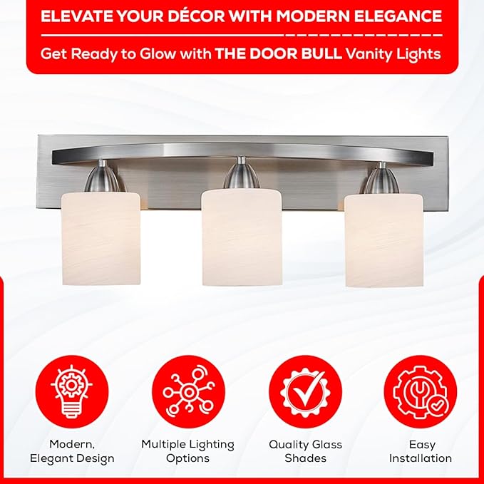 The Door Bull - Hollywood Style Modern Bathroom Vanity Light Fixture - Bathroom Lighting Fixtures Over Mirror - Bath Vanity Light Bar - Contemporary Interior Lights with Frosted Glass Shade