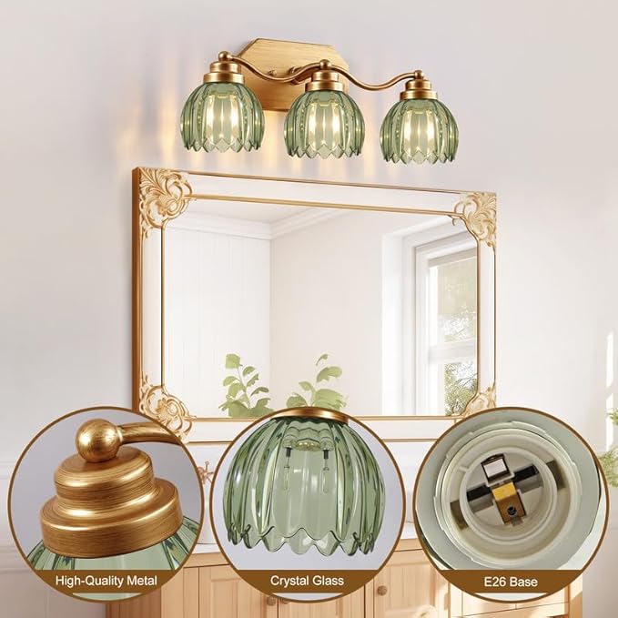 VbiTmn Gold Bathroom Light Fixtures, 3 Light Vintage Vanity Lights, Antique Brass Brushed Gold Finish, Crystal Green Glass Shade, Mid Century Wall Sconces for Bedroom, Living Room, Hallway