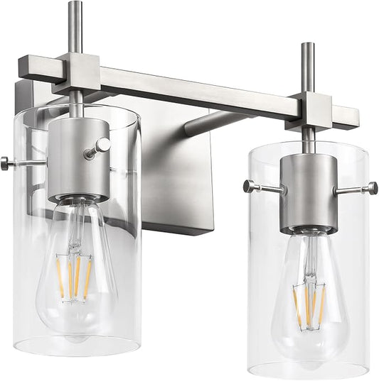 SOLFART 2 Light Wall Scone Vintage Vanity Light Fixtures Brushed Nickel Wall Light for Bathroom Lights Over Mirror with Glass Shade Light Fixtures (Exclude Bulb)