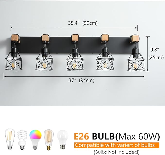 Farmhouse Vanity Light Fixture,5-Light Bathroom Lighting,Black Industrial Wood Wall Light Over Mirror with Metal Shade,LED Bulbs Not Included