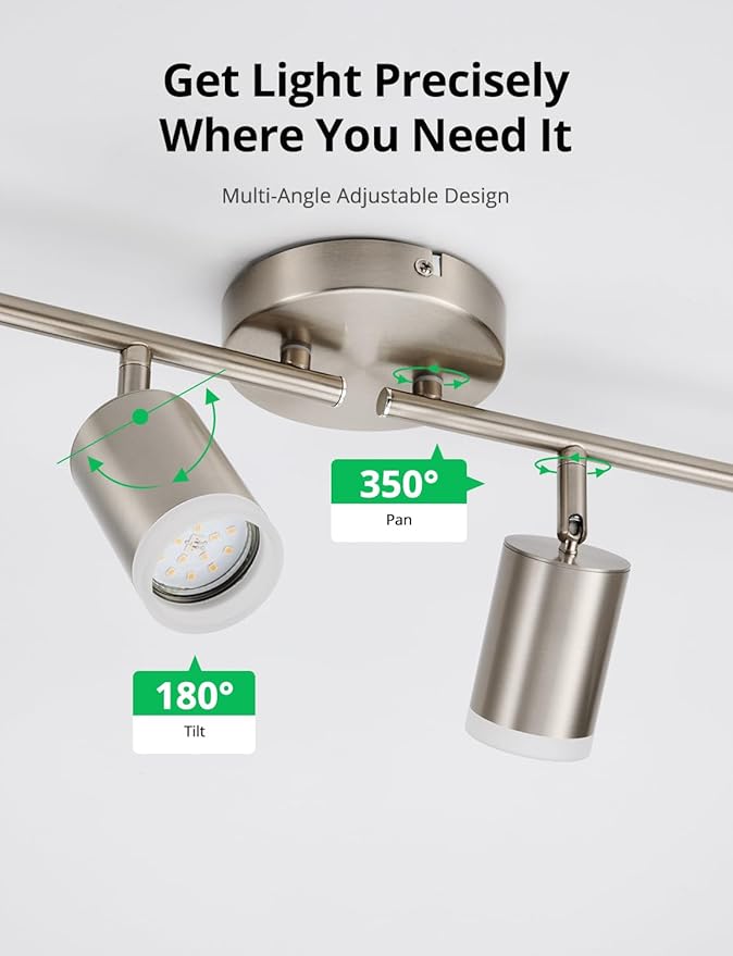 Bojim Track Lighting Fixtures Ceiling Mount for Kitchen, Nickel 4 Way LED Spot Lights Indoor, Flexible Modern Track Light GU10 Socket for Dining Room, Bulbs Not Included