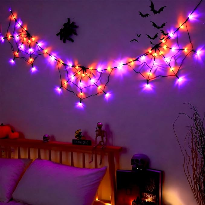 Halloween Spider Web Lights Outdoor, Solar Light up Cobweb String Lights with 60LED Purple&Orange Lights, Spiderweb Curtain Fairy String Lights for Halloween Decorations Fireplace Proch Window Garden