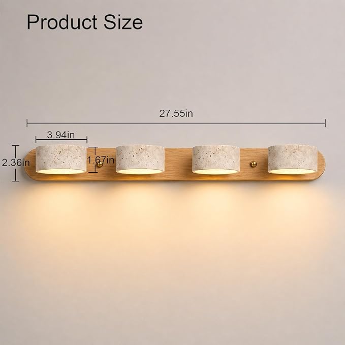 LED Bathroom Vanity Light, Travertine Stone Light Fixture, 360° Rotatable Stone Lampshades, Modern Rustic Wall Lamp for Bedroom, Living Room, Hallway (Natural Wood-4 Heads)