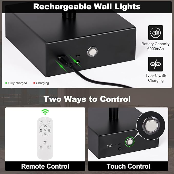 Wall Sconces Set of Two with Remote Control, 39.4 in Dimmable Black Battery Operated Wall Lights, 350° Ratation 3000K-6000K LED Wireless Rechargeable Sconce for Bathroom, Living Room, Bedroom