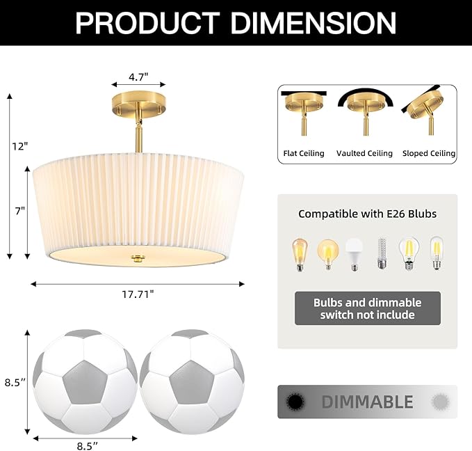 Gold Semi Flush Mount Ceiling Light, 3-Lights Modern Cone Drum Light Fixture with White Pleated Fabric Shade 17.71” Close to Ceiling Lights Fixture for Nursery Hallway Bedroom Living Room