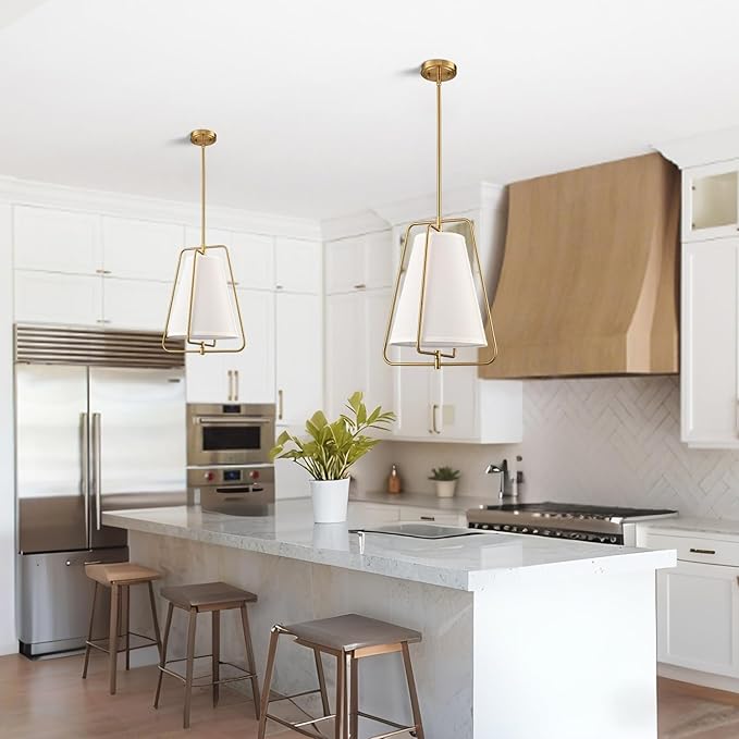 HYDELITE Vintage Gold Pendant Light with White Linen Fabric Adjustable Height Chandelier Brass for Living Room,Dining Room,Kitchen Island,Hallway