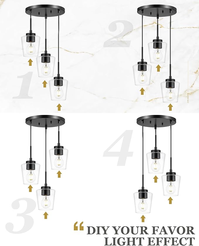 3-Light Pendant Light Fixtures, Matte Black Cluster Dining Room Light Fixture Over Table, Adjustable Kitchen Island Lighting with Clear Glass, Farmhouse Hanging Light, AD-22004-3P-BK-C