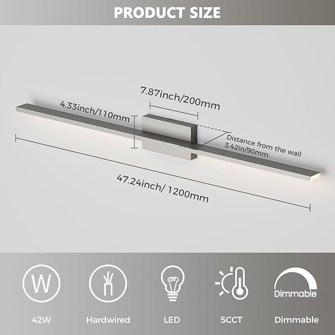 JUSHENG Brushed Nickel Modern LED Vanity Lights for Bathroom Light Fixtures, 47.24 Inch 42W 5CCT Dimmable Vanity Light Bar Bathroom Lighting