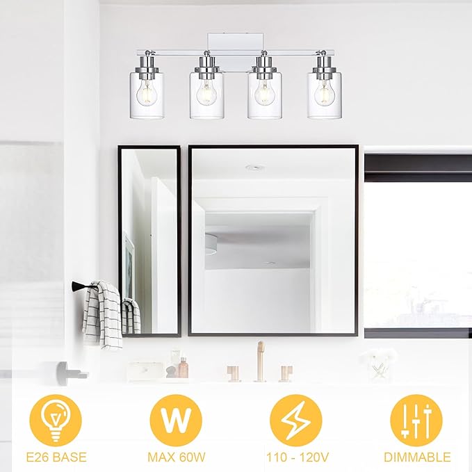 4-Light Track Lighting Kit Ceiling Kitchen Track Lighting Fixtures Chrome Bathroom Vanity Wall Lights with Clear Glass Multi-Directional Rotating Tracking Light Heads Spotlight for Accent Shop