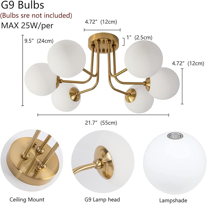 Modern Semi Flush Mount Ceiling Light 6-Light,Globe White Glass Shade Semi Flush Mount Ceiling Light Sputnik Chandeliers for Bedroom Living Room Hallway Dining Room Lighting Fixture