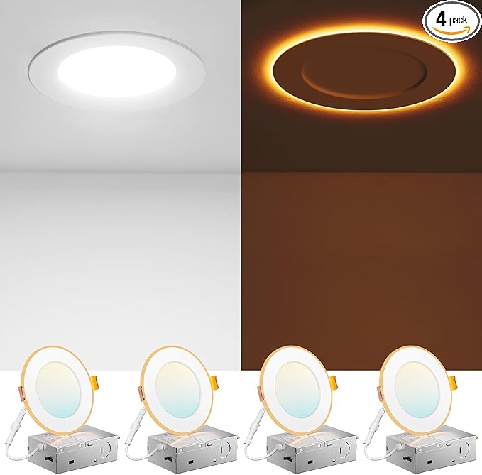 Amico 4 Pack 4 Inch 5CCT LED Recessed Ceiling Light with Night Light, 2700K/3000K/3500K/4000K/5000K Selectable Ultra-Thin Recessed Lighting, 10W=90W, 700LM, Dimmable Canless Wafer Downlight ETL&FCC