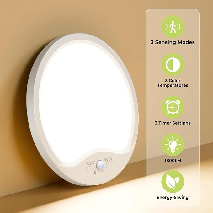 hepside Motion Sensor Ceiling Light Wired, 3000K/4000K/6500K LED Flush Mount Ceiling Light Fixture, 8.7Inch 18W Motion Sensor Light with Timer for Closet Stair Porch Hallway Pantry,White