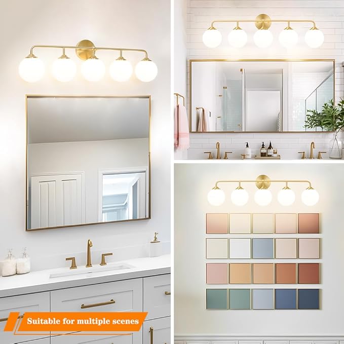 Modern Brushed Brass 5-Lights Bathroom Vanity Light, Lighting Fixtures Over Mirror with Milky White Glass Ball Shades, Wall Sconces for Bathroom Dressing Table Bedroom