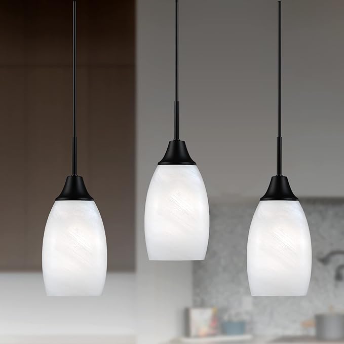 Viinew Mini Glass Pendant Light,4.72" Black White Hanging Lights 3-Pack Handblown White Oval Art Glass Hanging Pendant Light for Kitchen Island,Dining Room,Living,Foyer,Hallway, Entry