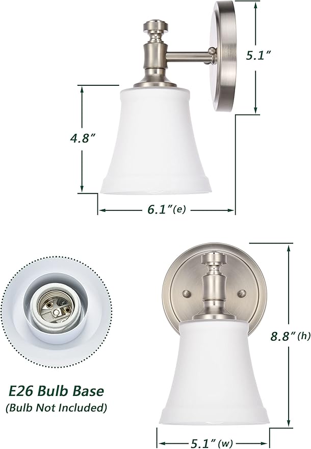 Wall Sconces, Traditional Brushed Nickel 1 Light Sconce, Wall Light with Opal Glass Shade for Bedroom Bathroom Living Room & Hallway Vanity Lighting Fixture