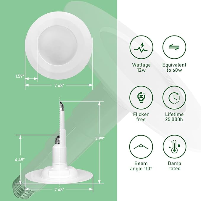 Soliseed 24 Pack 5/6 Inch LED Can Lights Length Adjustable Retrofit Downlight,Recessed Lights ETL Damp Rated,12W=60W,5000K Daylight,800LM,Dimmable Recessed Lighting,E26,Easy Install