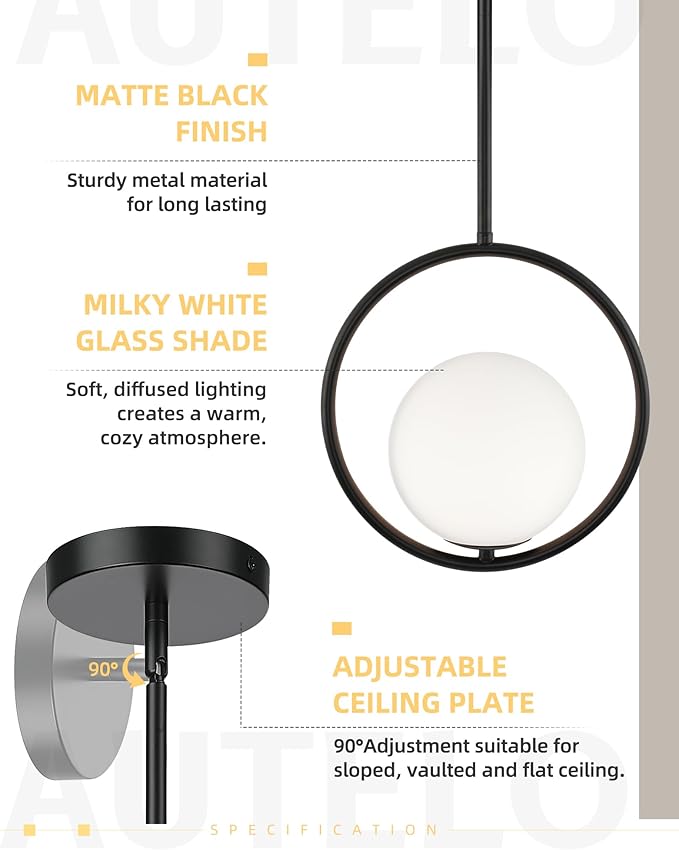 AUTELO 1-Light Pendant Lights Kitchen Island, Matte Black Glass Pendant Lights with Milky White Globe Hanging Lamp, Adjustable Rods for Kitchen Bar Dining Room, H9380 MGBK
