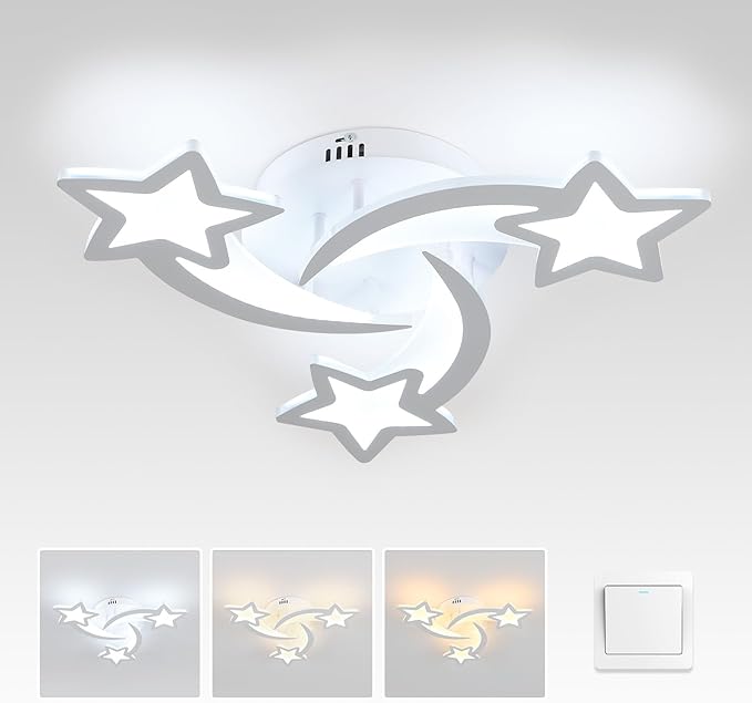 3 Lights Star LED Modern Ceiling Light, 21" 24W Flush Mount Ceiling Light Fixture, 3 CCT(3000K/4500K/6500K) via Wall Switch Ceiling Lamp for Bedroom Living Room KidsRoom Playroom