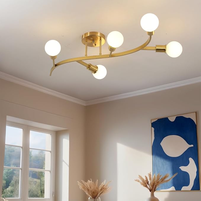 Gold Modern Sputnik Ceiling Light Fixture 5-Lights,Mid Centur Minimalist Semi Flush Mount Sputnik Chandelier for Living Room,Dining Room,Bedroom,Hallway,Kitchen(Bulbs Not Included)