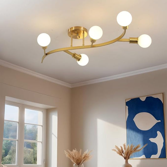 Gold Modern Sputnik Ceiling Light Fixture 5-Lights,Mid Centur Minimalist Semi Flush Mount Sputnik Chandelier for Living Room,Dining Room,Bedroom,Hallway,Kitchen(Bulbs Not Included)