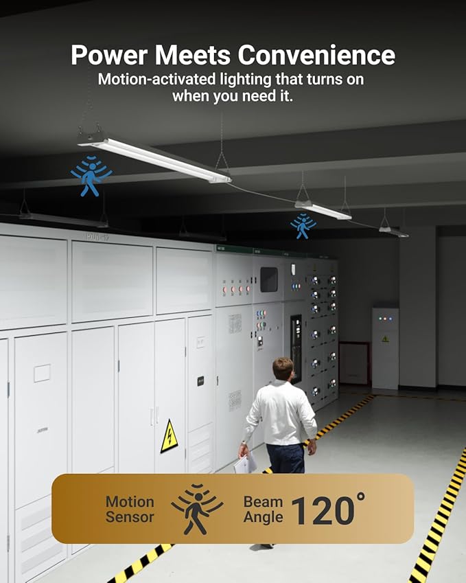 Sunco Motion Sensor 4ft LED Shop Light, Garage Lights Ceiling LED Plug-in Fixtures, 40W, 5000K Daylight, 4300 Lumens, Frosted, Motion Activated, Linkable Suspension Mount, ETL 10 Pack