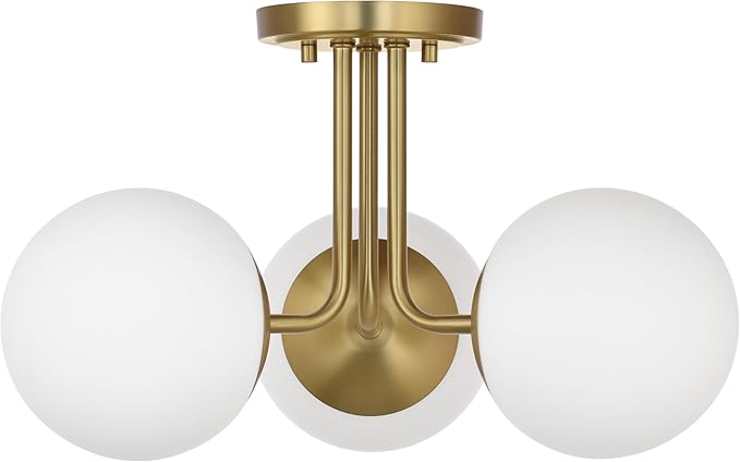 3 Light Semi Flush Mount Ceiling Light Fixture Aged Brass, Modern Globe Chandelier, Sputnik Farmhouse Lighting for Kitchen Bedroom Bathroom Living Room Corridor Laundry Room Bar …