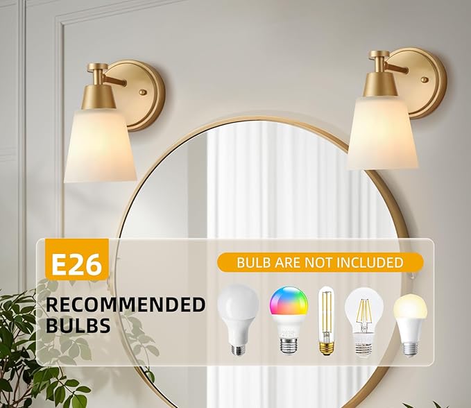 Wall Light Fixtures, 2-Pack Brushed Gold Vanity Lights with Milk Glass Shade, Modern Farmhouse Wall Sconces for Gallery, Mirror, Bedroom, and Bathroom,1 Light