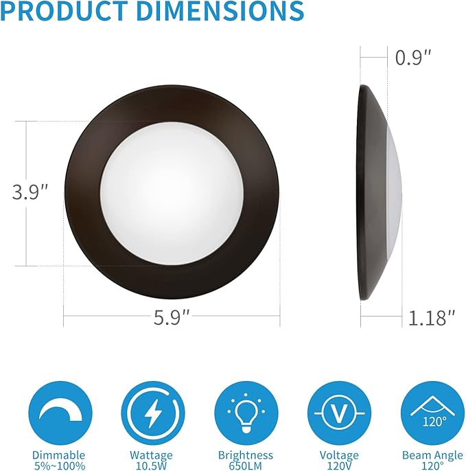 ECOELER 4inch LED Dimmable Disk Downlight, Bronze Surface Mount LED Ceiling Light, Suitable for Wet Locations, 10.W 650lm 5000K Daylight, Aluminum Baffle Trim, ETL Listed