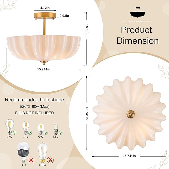 Milk Glass Ceiling Light Fixture, 15.7'' Vintage Gold Semi Flush Mount Ceiling Light, 3-Light Brass Modern Ceiling Light for Hallway Entryway Foyer Living Room,E26