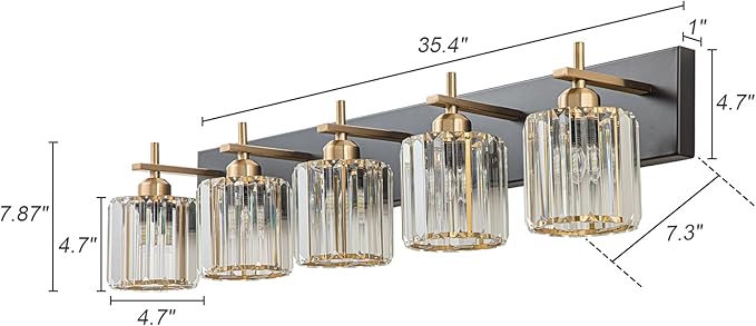 Modern Crystal Bathroom Vanity Lights, Black Gold 5-Lights Bathroom Light Fixtures Over Mirror, Crystal Wall Lighting with Polished Gold Finish(Exclude Bulb)