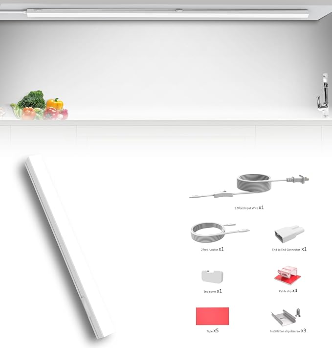 Leetdud Under Cabinet Lighting Plug in, 24 Inch 1 Pc, Linkable AC120V 3CCT 3000K/4000K/5000K Ultra Slim, LED Under Cabinet Lights for Counter Light, Kitchen, Shelf, Sink, Workshop, Desk, White