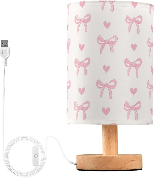 Aslsiy Cute Coquette Pink Bow Bedside Table Lamp White Nightstand Lamp Night Light Fabric Shade for Bedroom Living Room Home Office
