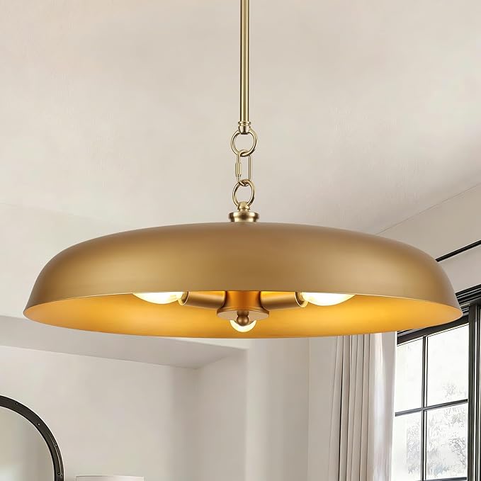 Large Gold Pendant Lights 20 Inch, 3-Lights Modern Brushed Gold Dome Chandelier, Farmhouse Pendant Lighting Fixture Ceiling Hanging Light for Kitchen Island, Dining Room, Cafe, Bar