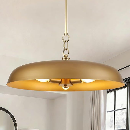 Large Gold Pendant Lights 20 Inch, 3-Lights Modern Brushed Gold Dome Chandelier, Farmhouse Pendant Lighting Fixture Ceiling Hanging Light for Kitchen Island, Dining Room, Cafe, Bar
