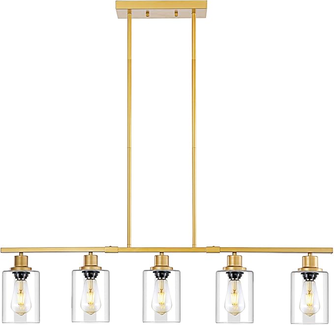 39.4" Kitchen Island Lighting, 5 Lights Clear Glass Pendant Light Fixtue, Golden Linear Metal Chandelier for Dining&Living Room Foyer,Height Adjustable,E26 Socket