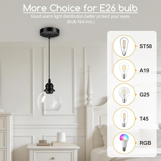 Pendant Lights Kitchen Island, Black Pendant Light with Glass Lampshade, 71 Inch Adjustable Hanging Lamp for Kitchen Living Room, Modern Farmhouse Industrial Ceiling Lighting Fixture(E26 Base,No Bulb)