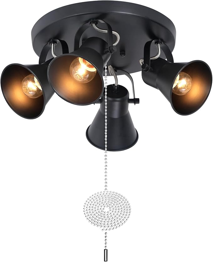SEEBLEN 4-Light Industrial Track Lighting with Pull Chain On/Off Switch, Adjustable Round Kitchen Ceiling Light, Morden Black Flush Mount Directional Light for Kitchen, Hallway, Dining Room.