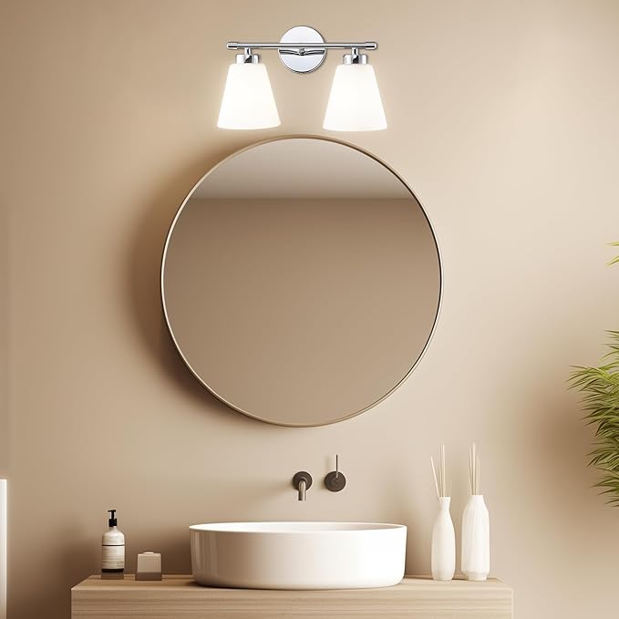 Hamilyeah Modern Chrome Bathroom Vanity Light Fixture Over Mirror, 2 Light Vanity Lighting Fixture with Frosted Glass Shade, Silver Wall Sconce Lighting for Bath, Bedroom, Kitchen, Hallway